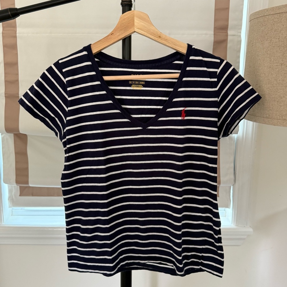 Polo Ralph Lauren Striped Navy and White Short Sleeve V- Neck Tee Red Pony Logo